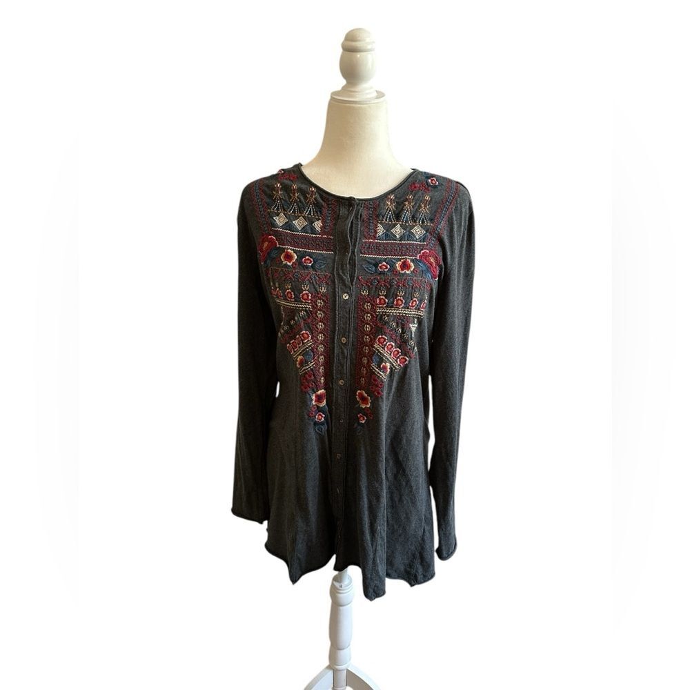 Johnny Was Tunic Jersey Stretch Embroidered Boho Large Grey